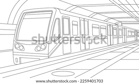 Vector illustration, underground metro station with train, book coloring