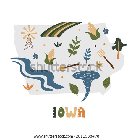 USA map collection. State symbols and nature on gray state silhouette - Iowa. Cartoon simple style for print