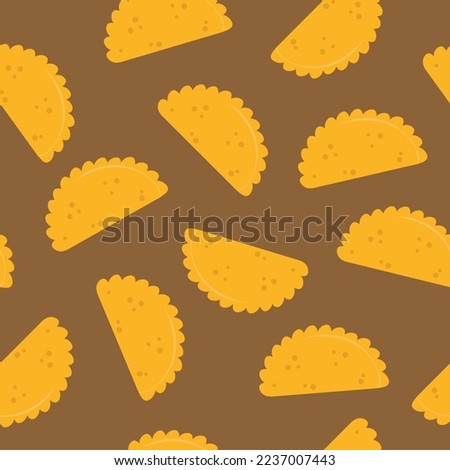 Empanada seamless doodle pattern, vector illustration. Traditional mexican dish on brown background.