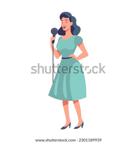 Happy woman singer, rock or pop vocalist wearing dress and singing in microphone. Cute funny female cartoon character. Flat colorful vector on white