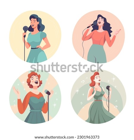 Happy smiling woman singer, rock or pop vocalist singing in microphone. Set of round icons or avatars on white. Cute funny female character
