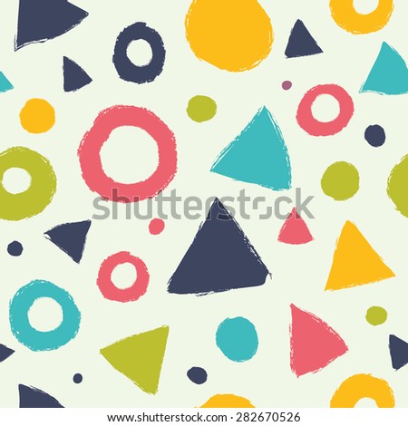 Simple seamless pattern with triangles and polka dots. Seamless pattern can be used for wallpapers, pattern fills, web page backgrounds, background textures.