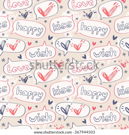 Love speech bubbles. Background in the concept of children's drawings.Vector seamless pattern for web page backgrounds, postcards, greeting cards, invitations, pattern fills, surface textures.