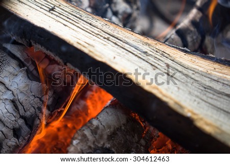 Burning smoldering firewood in the fireplace close up. Firewood. Coals. Extinguished the fire. The ashes.