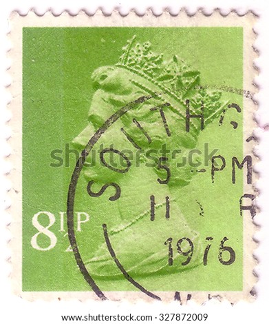 UNITED KINGDOM - CIRCA 1976: An English Used First Class Postage Stamp showing Portrait of Queen Elizabeth in light green circa 1976.