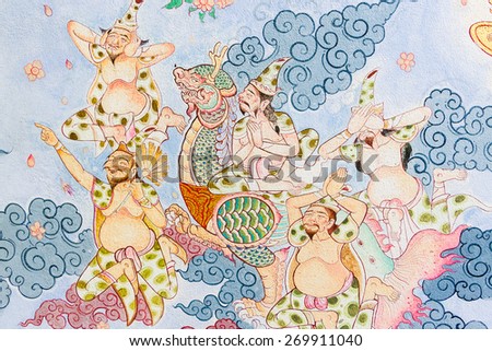 CHIANG MAI THAILAND - APRIL 15 : Traditional Thai style painting art on temple wall ,Watphadarabhirom a famous temple on April 15, 2015 in Chiangmai,Thailand.