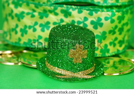 St. Patrick's Day ribbon, cold coins and hat