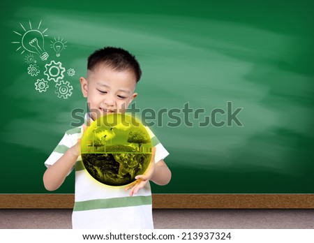 Little asia boy holding the earth with Green chalk board, (Knowledge concept),  Earth globe image provided by NASA