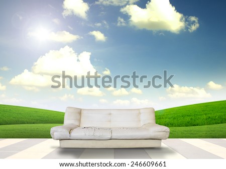 old sofa on a green meadow
