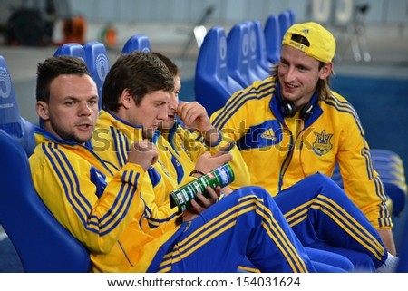 KIEV, UKRAINE - SEP 10: Football team of Ukraine on the bench before the qualifying match 2014 World Cup between Ukraine vs England, 10 September 2013, NSC Olympic Stadium, Kiev, Ukraine