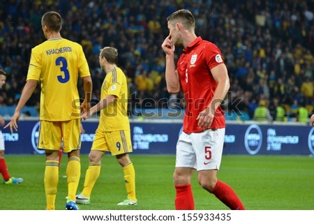 KIEV, UKRAINE - SEP 10: Gary Cahill (R) during the qualifying match 2014 World Cup between Ukraine vs England, 10 September 2013, NSC Olympic Stadium, Kiev, Ukraine