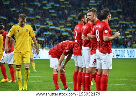 KIEV, UKRAINE - SEP 10: England football team set wall during the qualifying match 2014 World Cup between Ukraine vs England, 10 September 2013, NSC Olympic Stadium, Kiev, Ukraine