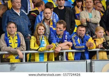 KIEV, UKRAINE - SEP 10: Ukraine fans in the stands during the qualifying match 2014 World Cup between Ukraine vs England, 10 September 2013, NSC Olympic Stadium, Kiev, Ukraine