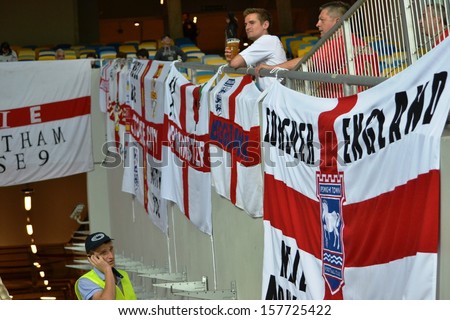 KIEV, UKRAINE - SEP 10: Fans of the England team in the stands before the qualifying match 2014 World Cup between Ukraine vs England, 10 September 2013, NSC Olympic Stadium, Kiev, Ukraine