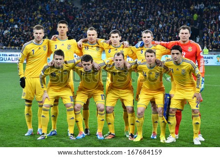 KIEV, UKRAINE - NOV 15: Group photo of the Ukrainian team before the play-off match for the 2014 World Cup between Ukraine vs France, 15 November 2013, NSC Olympic Stadium, Kiev, Ukraine