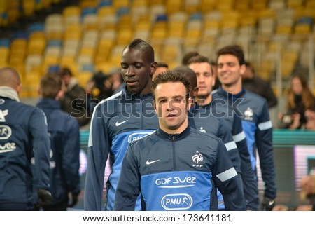 KIEV, UKRAINE - NOV 14: French team and Mathieu Valbuena (C) trains before the play-off match for the 2014 World Cup between Ukraine vs France, 14 November 2013, NSC Olympic Stadium, Kiev, Ukraine
