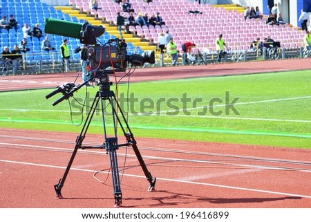 CHERKASSY, UKRAINE - MAY 7: Television camera on the football field during the semifinal match of the Cup of Ukraine on football between FC Slavutich - FC Shakhtar, 7 May 2014, Cherkassy, Ukraine