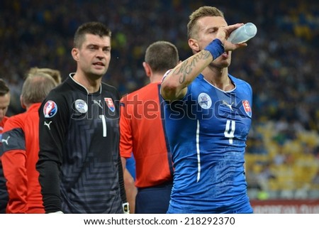 KIEV, UKRAINE - SEP 8: Jan Dyuritsa drink water during the match Ukraine 0-1 Slovakia UEFA Euro 2016 qualifier match, 8 September 2014, Kiev, Ukraine