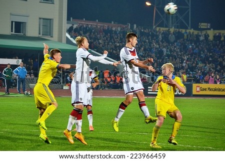CHERKASSY, UKRAINE - OCT 10: Youth football team of Germany and Ukraine in action, Ukraine U21 0-3 Germany U21, 10 October 2014, Cherkassy, Ukraine