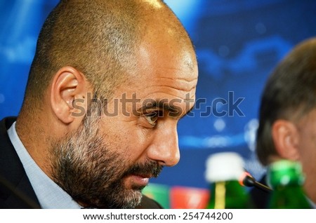 LVIV, UKRAINE - FEB 16: Head coach of FC Bayern Munich Pep Guardiola at a press conference before the Champions League match between Shakhtar vs Bayern, 16 February 2015, Arena Lviv, Lviv, Ukraine