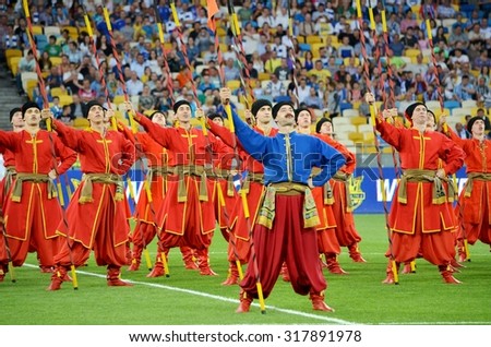 KIEV, UKRAINE - JUN 4: Speech of the Cossacks in the stadium before the final match Shakhtar vs Dynamo Kiev, 4 June 2015, NSC Olympic Stadium, Kiev, Ukraine