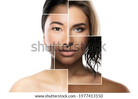 Creative beauty collage - face parts of different ethnicity women.