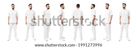 Similar – Image, Stock Photo Man in white with long gray hair and glasses standing on a garden with his hands together in meditation