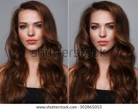 Female face before and after retouch