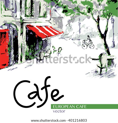 European cafe, graphic drawing in color. Postcard. French outdoor european cafe painting

