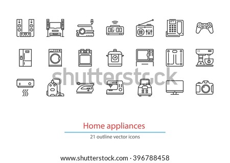  Set of outline home appliances icons. On a white background.