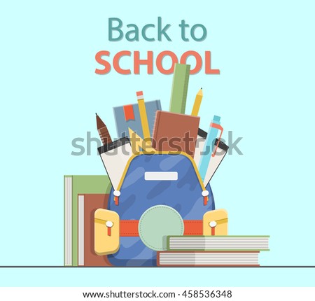 Set of school backpack with school supplies, education objects for your design. Vector illustration.