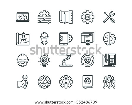 Engineering. Set of outline vector icons. Contains such Icons as Manufacturing, Engineer, Production, Settings and more.