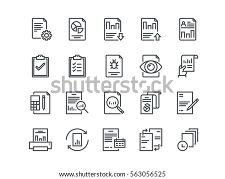 Report. Set of outline vector icons. Includes such as Auto Reports, Calculation, Settings, Generate and other.