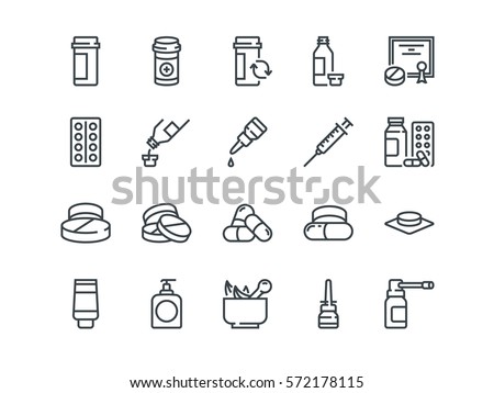 Pills. Set of outline vector icons. Includes such as Gel, Inhaler, Prescription, Syrup and other. Editable Stroke. 48x48 Pixel Perfect