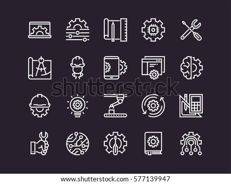 Engineering. Set of outline vector icons. Includes such as Manufacturing, Engineer, Tool, Production, Settings and other.