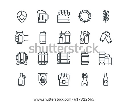 Beer. Set of outline vector icons. Includes such as Bottle, Barrel, Cup, Can and other. Editable Stroke. 48x48 Pixel Perfect.