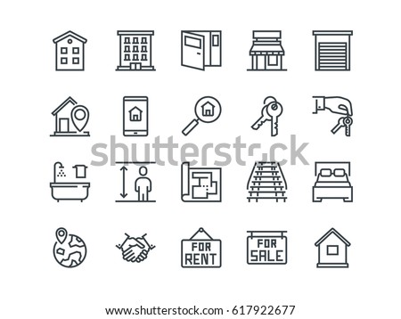 Real Estate. Set of outline vector icons. Includes such as Property, Building, Apartment and other. Editable Stroke. 48x48 Pixel Perfect.