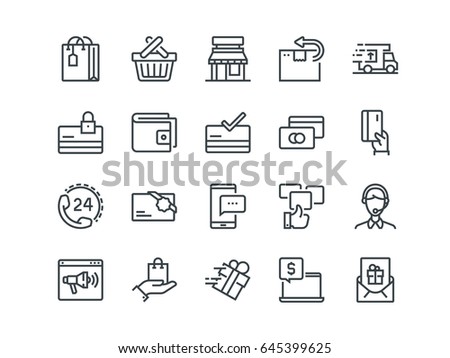 E-commerce. Set of outline vector icons. Includes such as Shopping, Promotion, Support and other. Editable Stroke. 48x48 Pixel Perfect