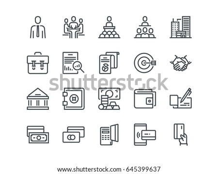 Business and Finance. Set of outline vector icons. Includes such as Teamwork, Bank, Payment and other. Editable Stroke. 48x48 Pixel Perfect