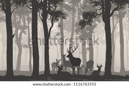 Natural background with the silhouette of a forest with a herd of deer. Seamless horizontal background. Vector illustration