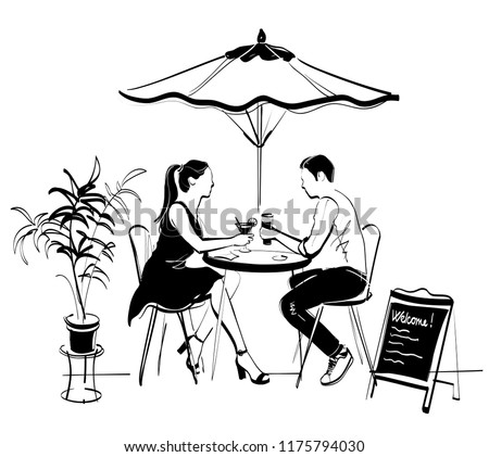 sketch of a young couple in a street cafe at a table. You can remove, move or resize the flower, umbrella and advertising board. Isolated object, vector illustration