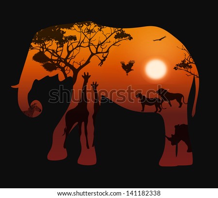 elephant silhouette on a black background. Landscape with sunset and savannah animals, vector illustration