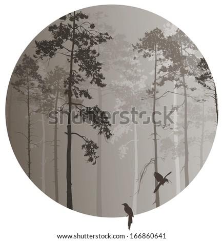 silhouette of pine forest in the circle, white background