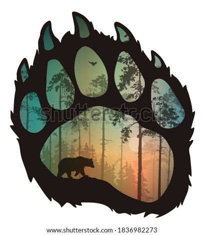 paw of a bear, inside a silhouette of a forest, a bear and a flying owl