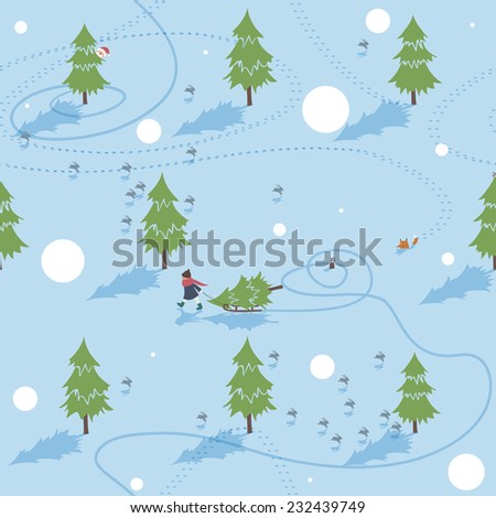 Christmas seamless texture with a winter forest and funny characters