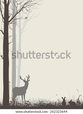 natural background with silhouettes of trees, grass, animals, birds and insects, frame, light colors, vector illustration