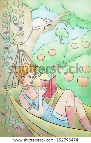 the girl reads the book in a hammock