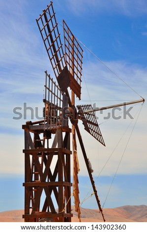 Old wooden windmill for water extraction in Fuerteventura, Canary islands