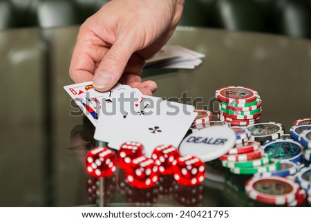 Poker cards and chips on the table. Card game, poker game. Casino games, card games, cards. The concept of the game in the gambling.