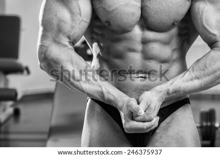 Handsome muscular male body. Male bodybuilder. Muscles of the arms, torso, abdominal muscles. Bodybuilding pose. Concept Proffesional bodybuilding.
